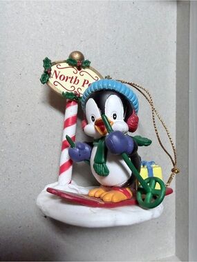 Penguin Ski Ornament with 'North Pole' Sign - Holiday Colors 1995
